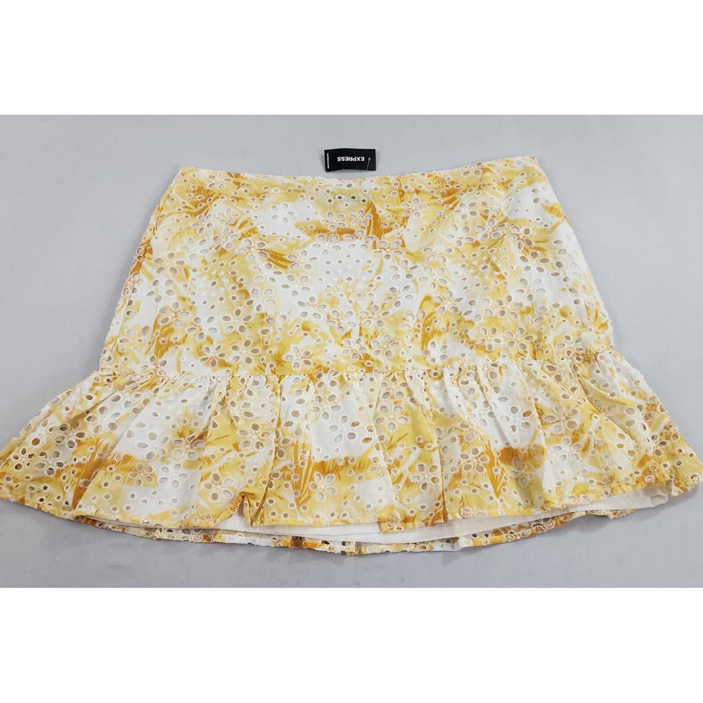 Express Womens Skirt 16 Floral Yellow Embroidered Eyelet Ruffle Mini Skirt NEW